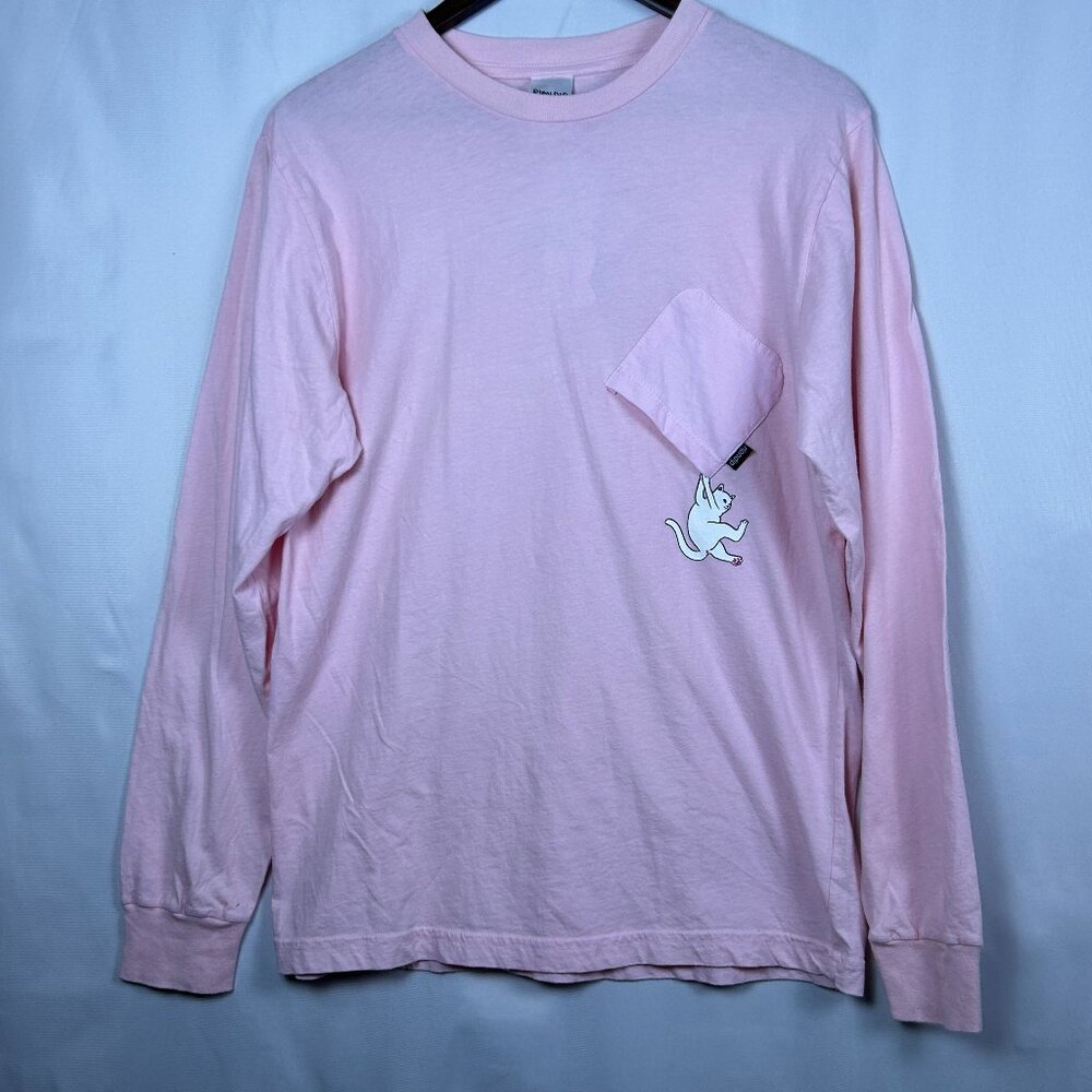 RIPNDIP Men’s Long Sleeve Pocket T-Shirt Size Medium Pink Cat Falling Out NWT